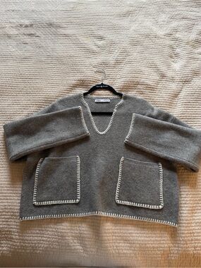 Zara Gray V-Neck Pocket Sweater with White Stitch Trim